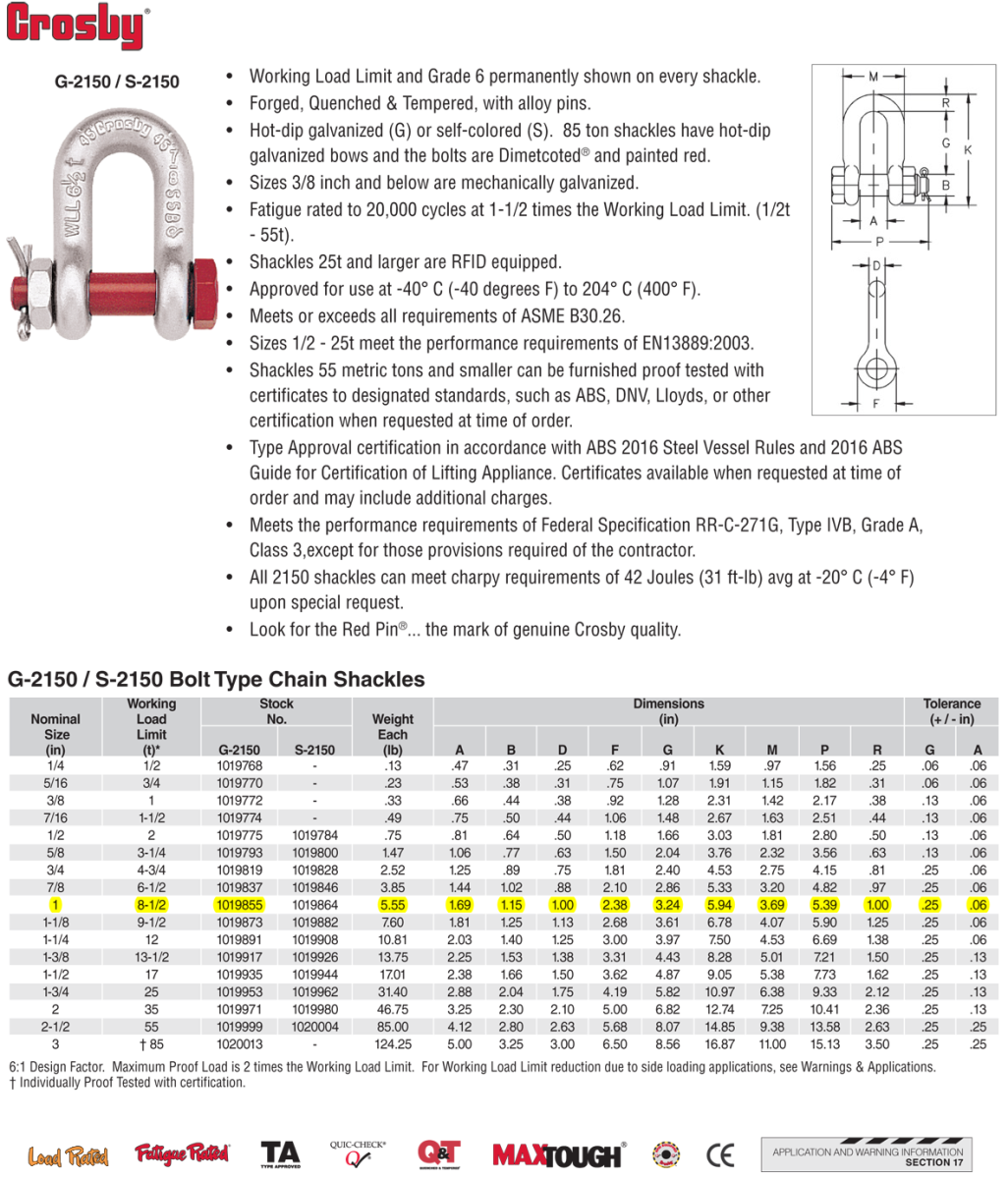 1 inch Crosby G-2150 Load Rated Bolt Type Chain Shackles | Wesco